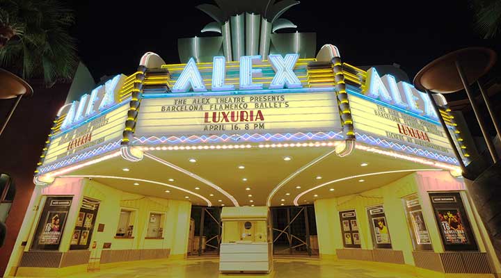 alex theatre in downtown glendale at night